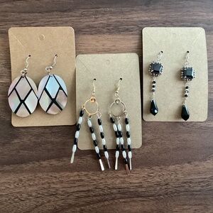 Lot Of 3 Silver Tone Black Onyx Mother Of Pearl Drop Earrings Party Jewelry Gift